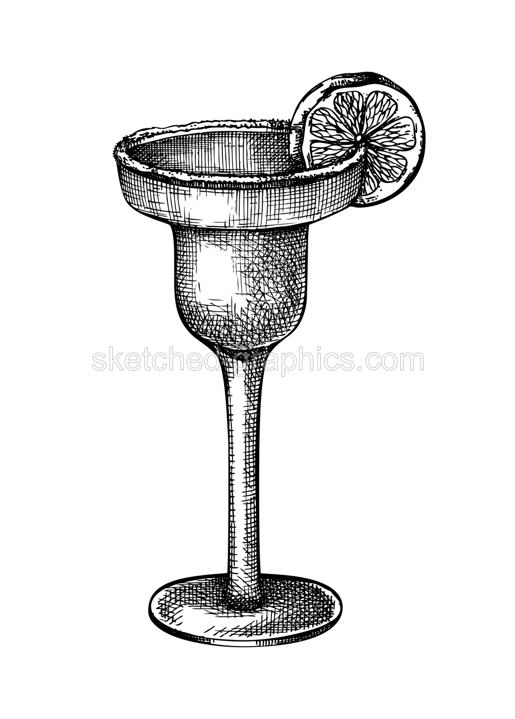 Hand-sketched Margarita cocktail illustration. Vector sketch of alcoholic drink in elegant glass. Classic cocktail with  tequila, orange liqueur, lime juice, and salt  hand-drawing isolated on white Illustration